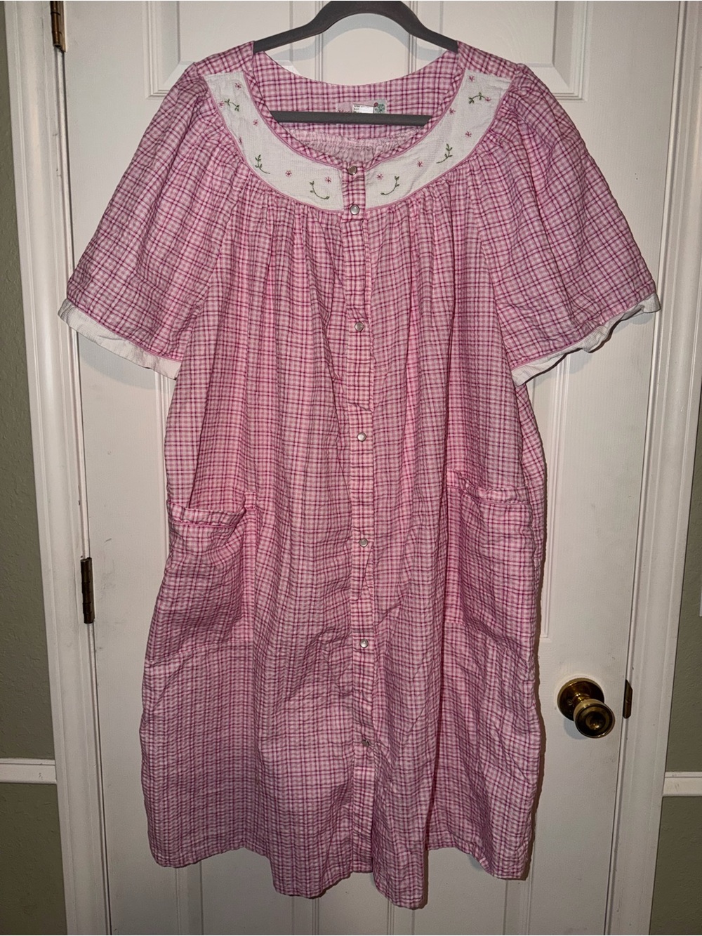 Moondance Cozy Pink Plaid Button-Front Nightgown Robe with Embroidered Yoke